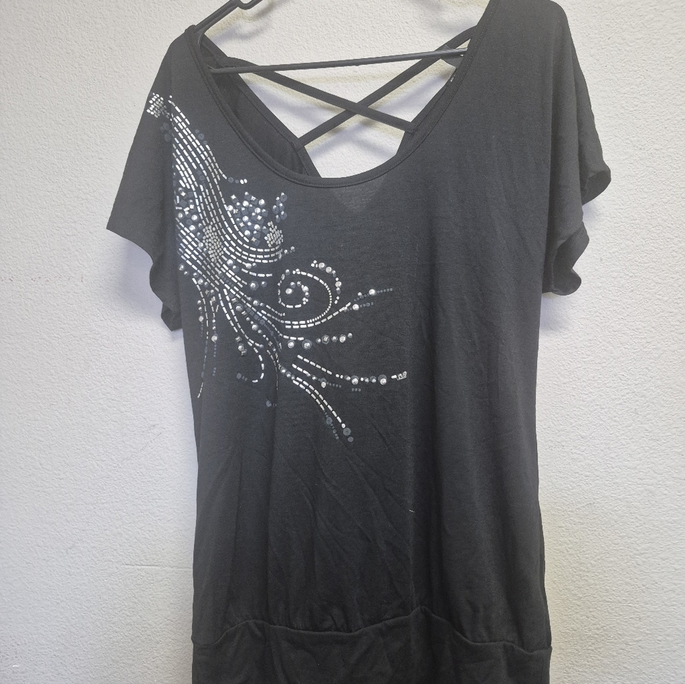 FANG Black Short Sleeve Top with Silver Accents